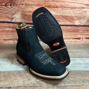Men's Western Cowboy Handmade Genuine Nubuck Black Leather Half Boots Rubber Sol